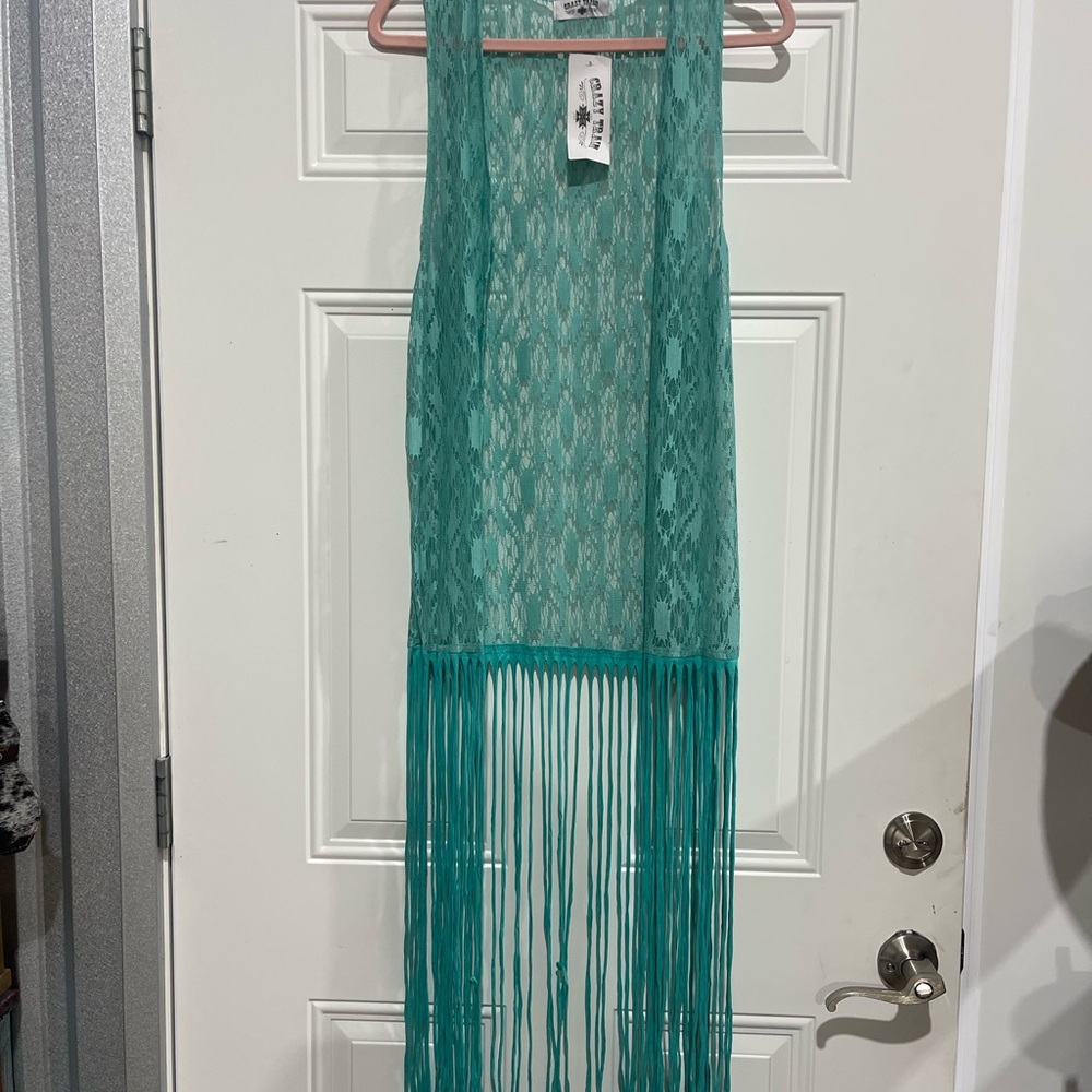 Crazy Train Teal Lace Fringe Vest